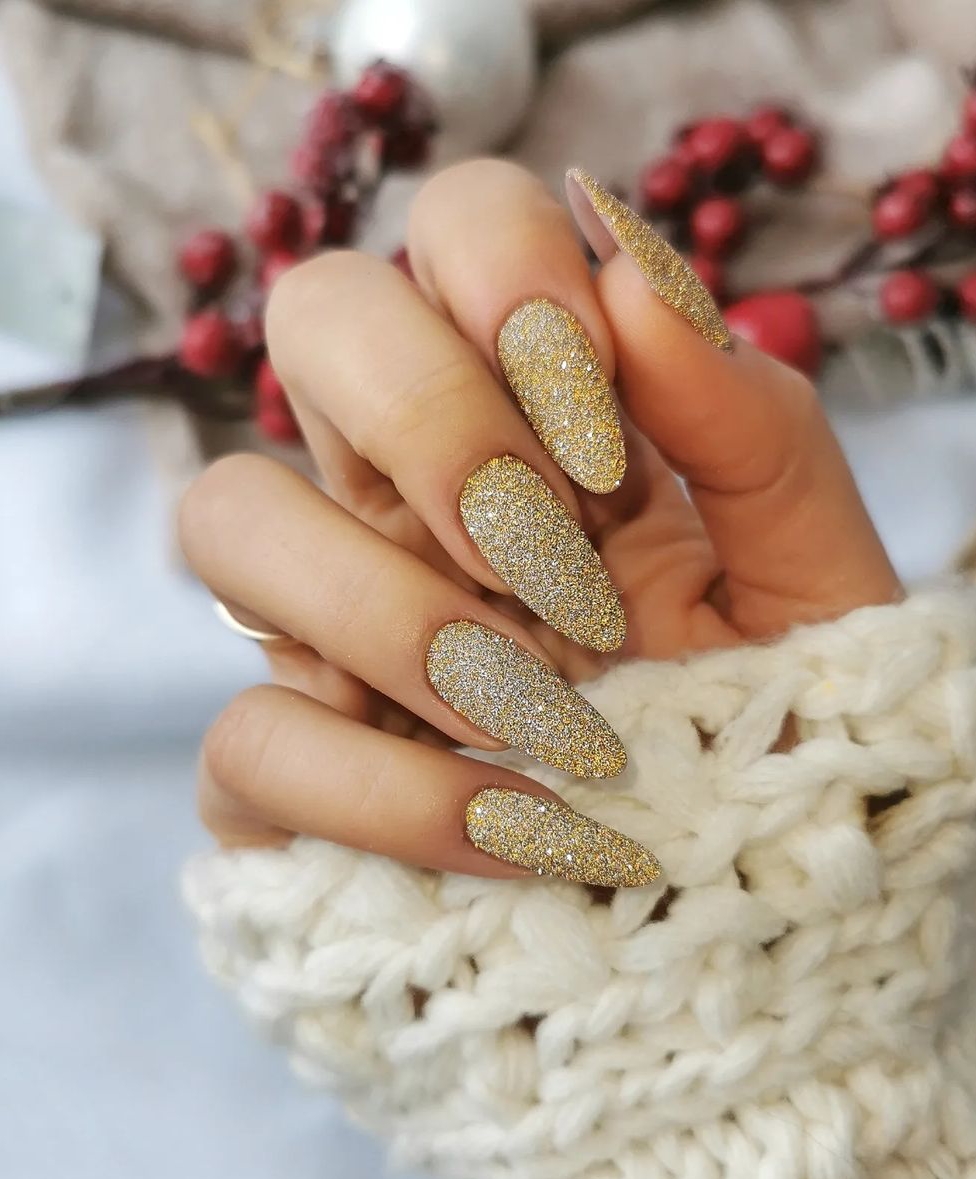 Sparkly Gold Almond nails