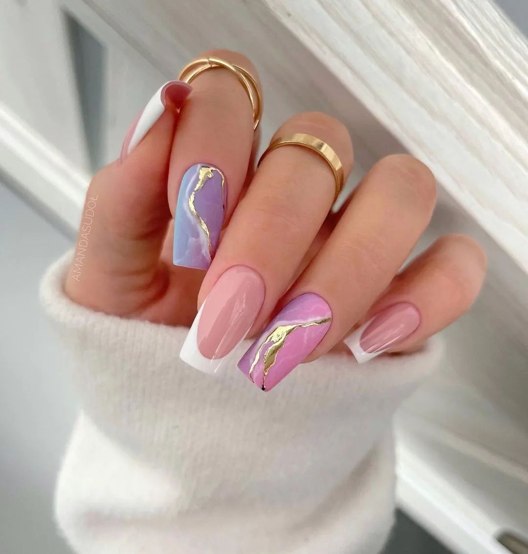 Tapered Square French Nails with Marble Design