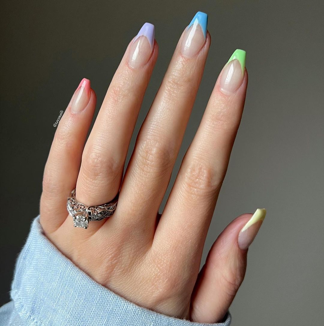 Colorful French Tips on Short Coffin Nails