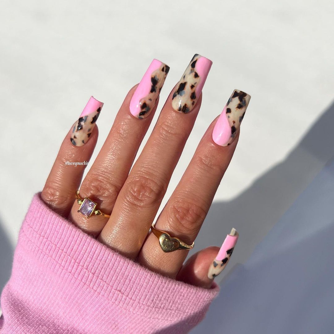 Square Coffin Pink Nails with Leopard Print