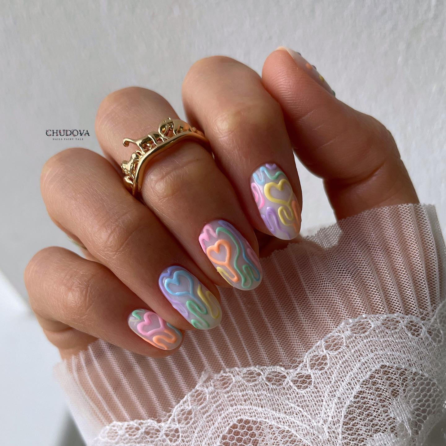 Short Pastel Rainbow 3D Nails