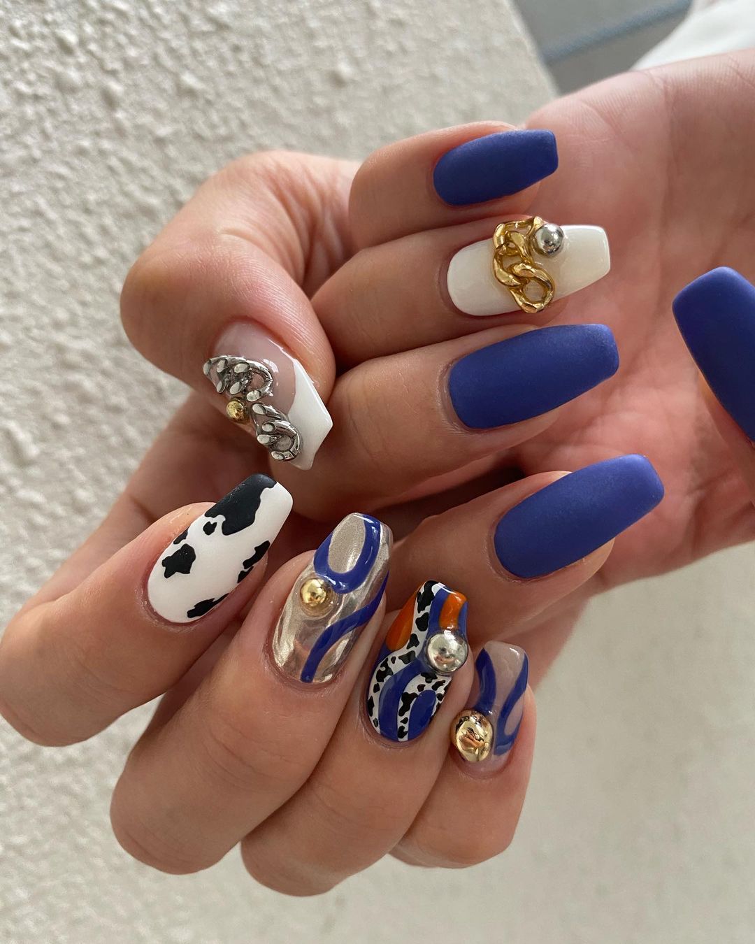 Cow Print with Design on Short Coffin Nails