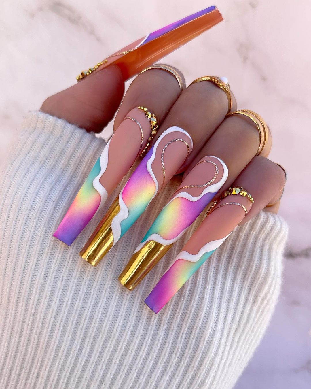 Long Coffin Matte nails with Gold Design