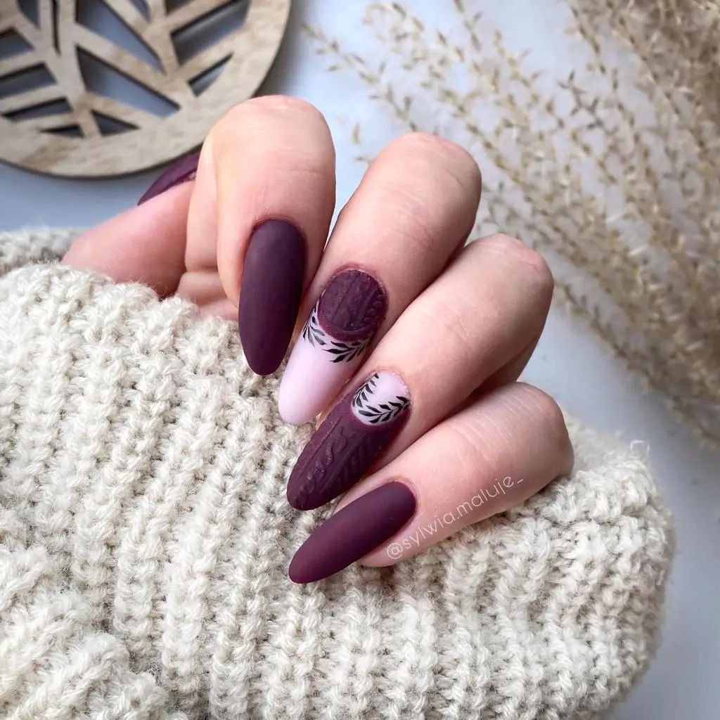 Long Matte burgundy Nails with Leaf Design