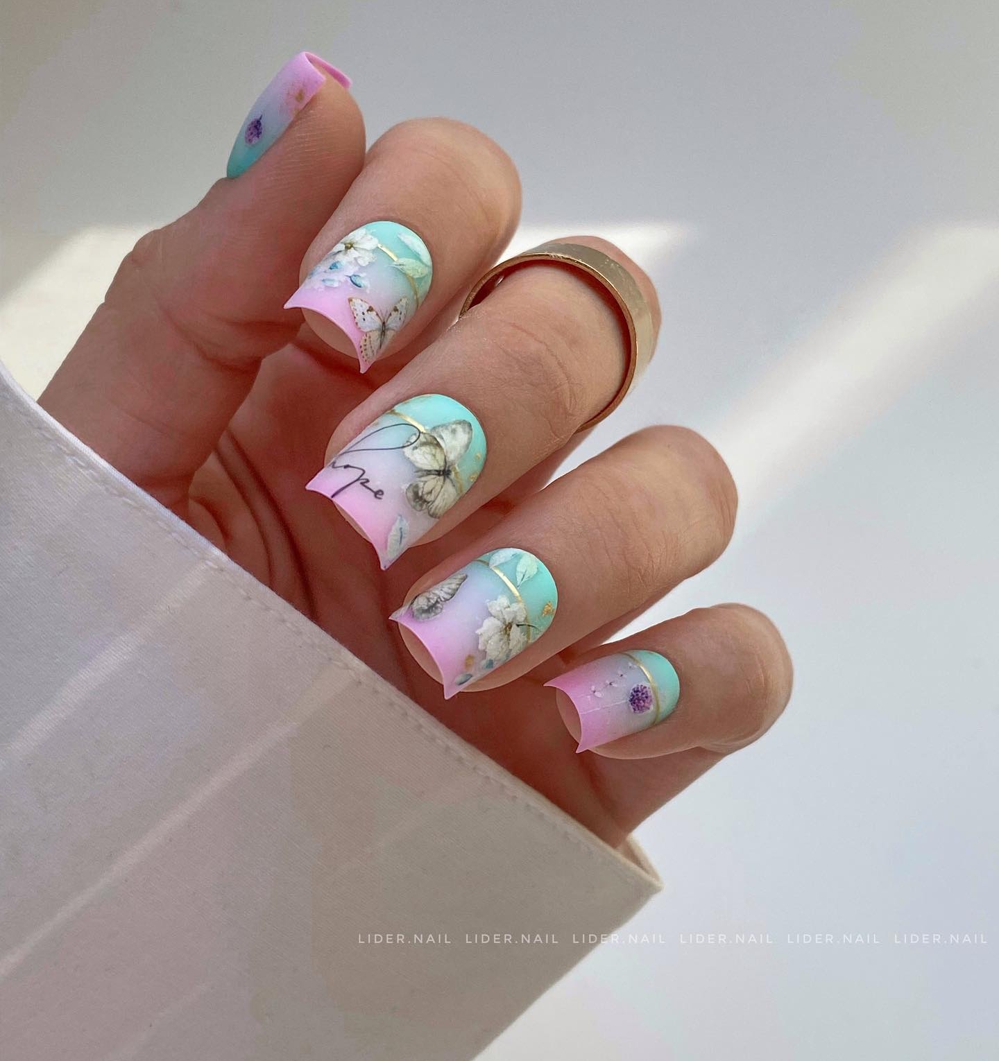 Short Square blue to Pink Ombre Nails