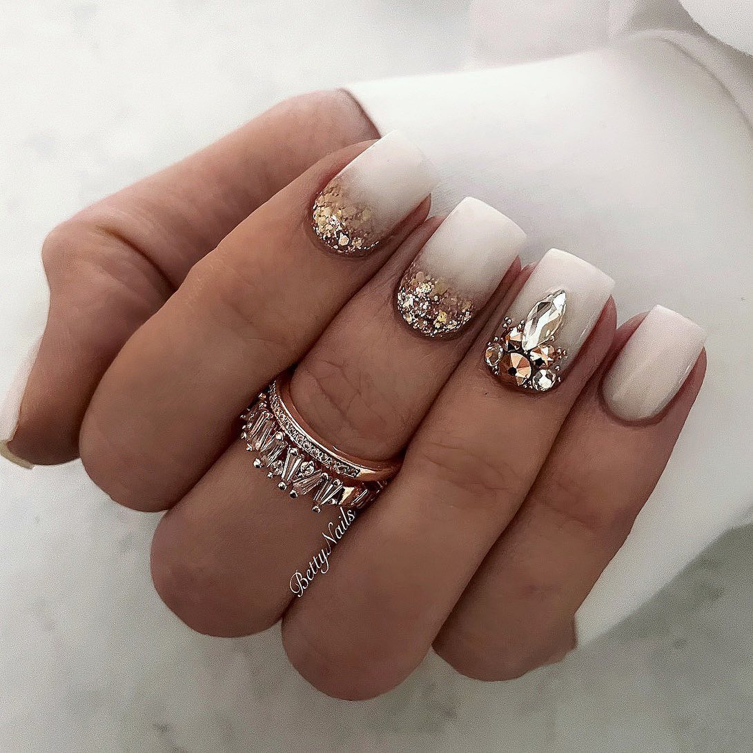 Glitter Gold Nails with Rhinestones