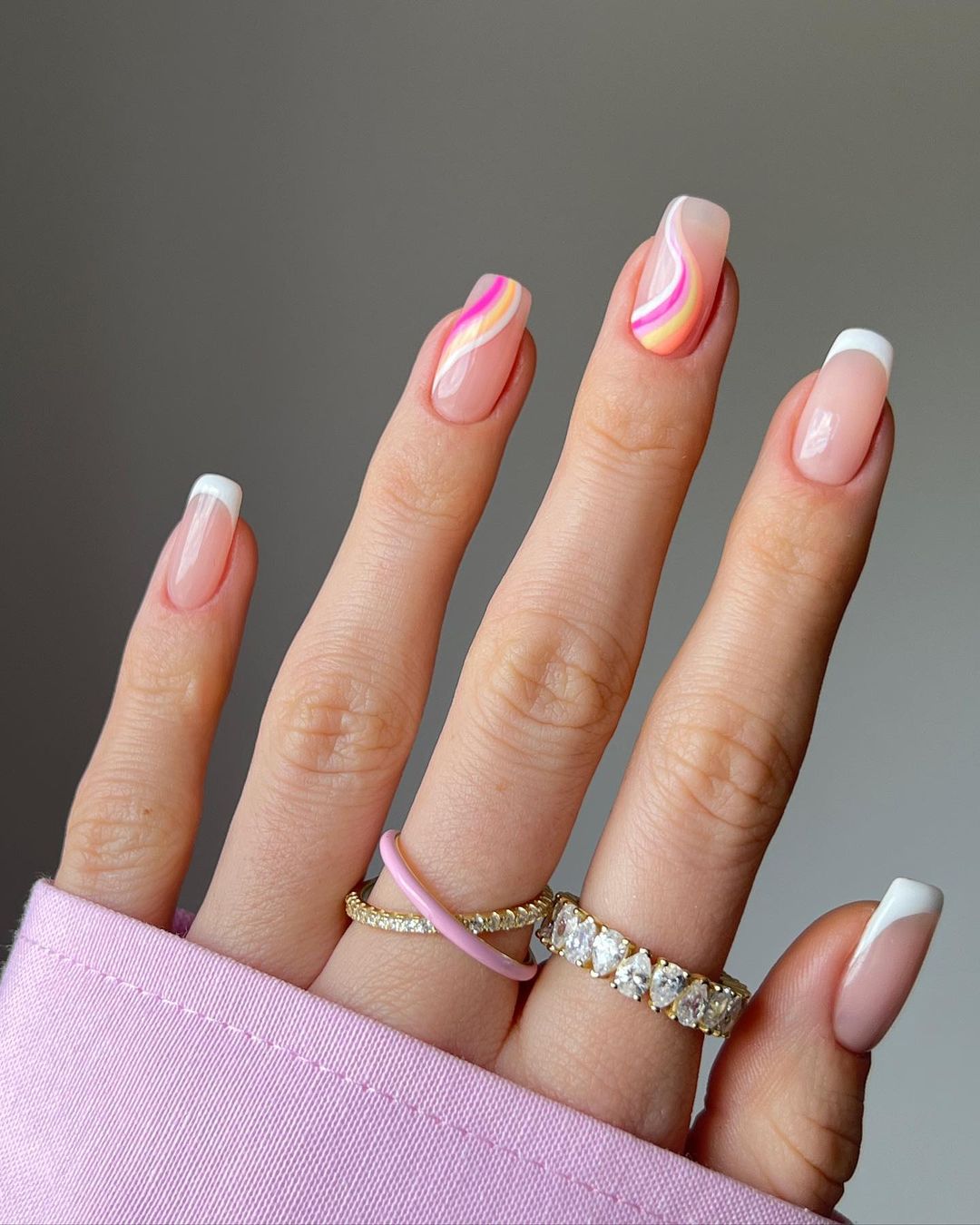 Skinny Square French Nails with Colorful Swirls