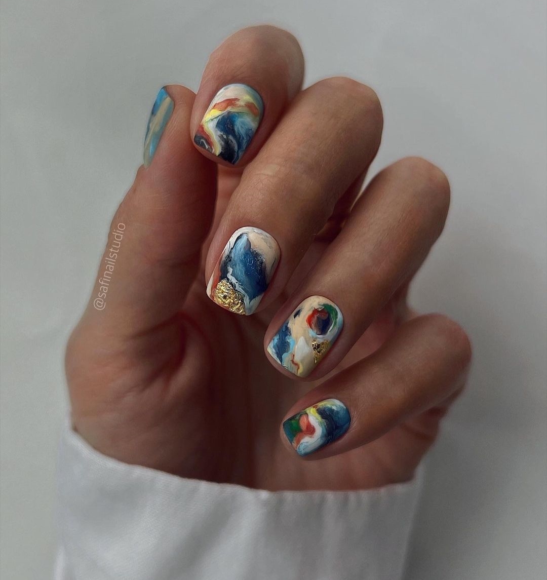Colorful Short Square Nails with Gold Foil