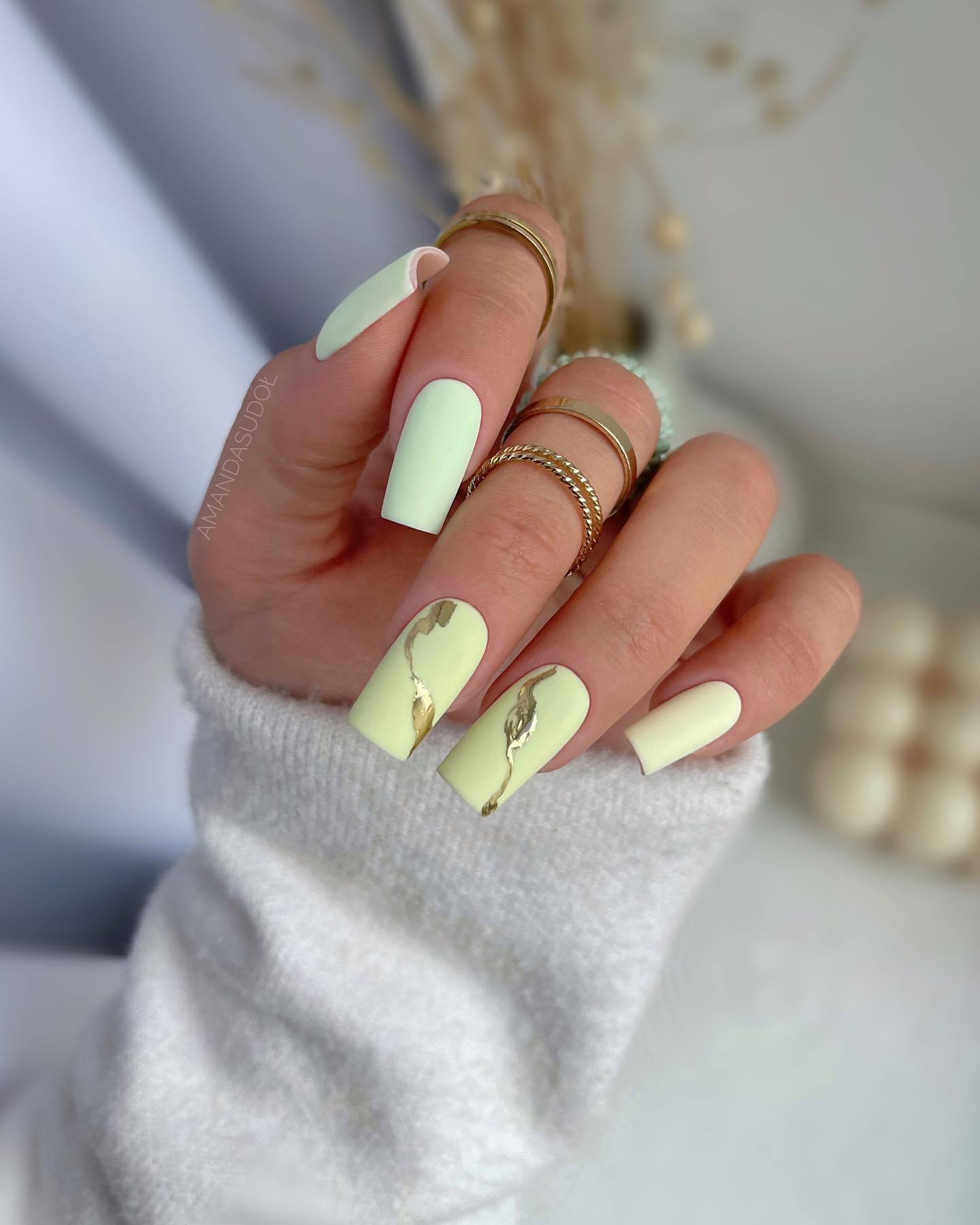 Long Square Pastel Yellow Nails with Gold Foil
