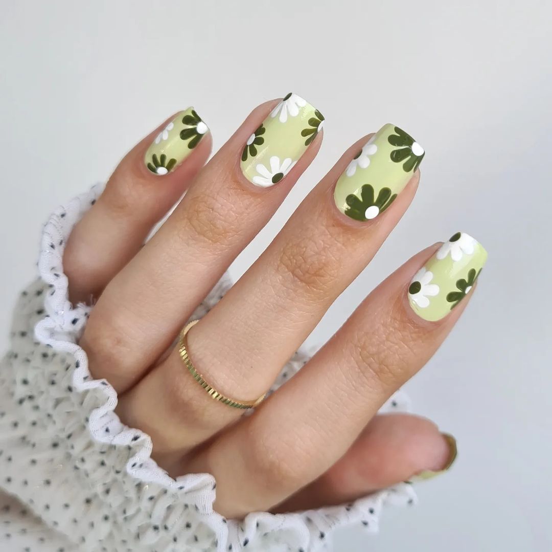 Spring Square Nails with floral Green Design