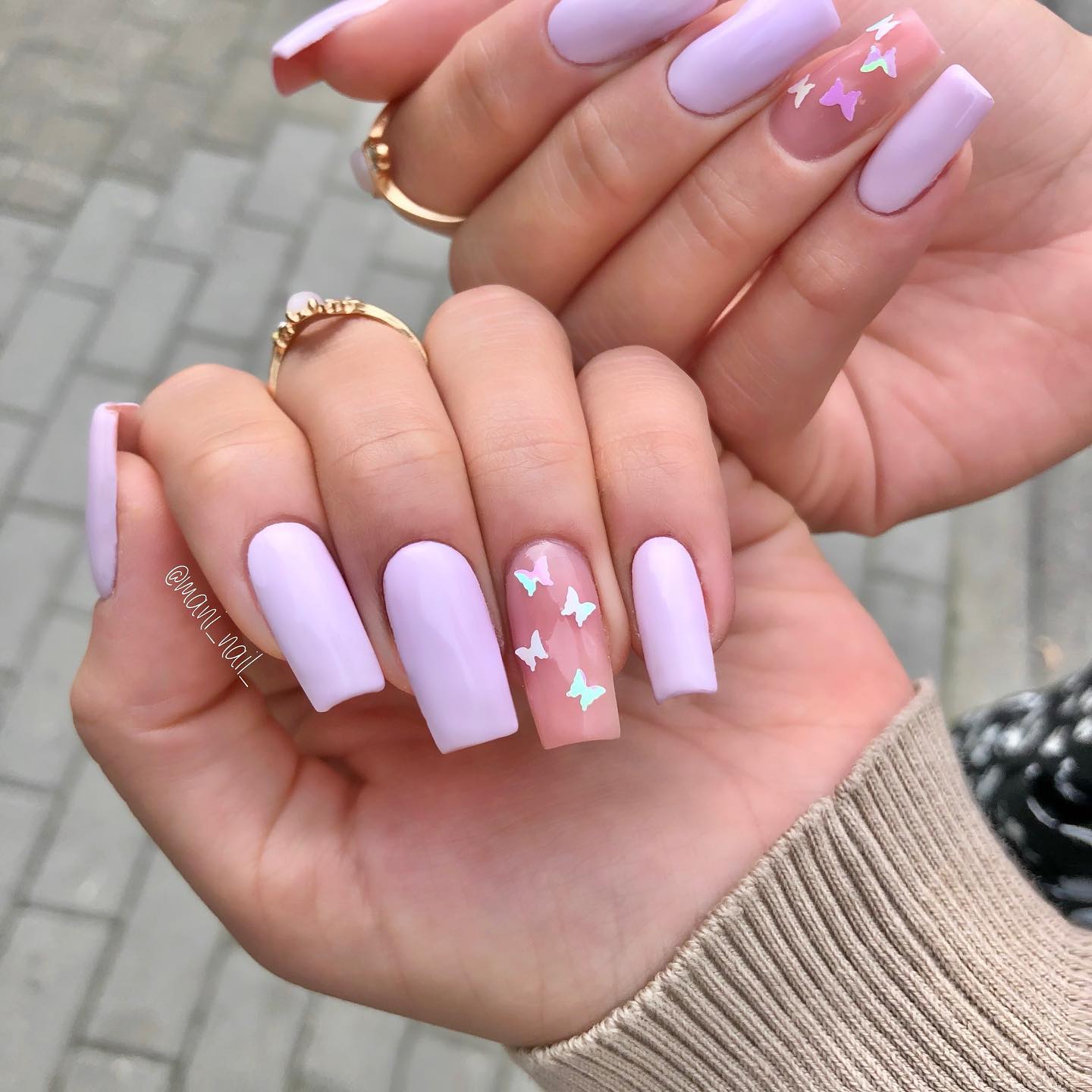 Long Purple Square Nails with butterflies on Ring Nails