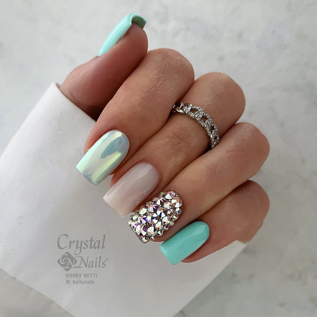square Light Green Nails with Diamonds on Accent nail