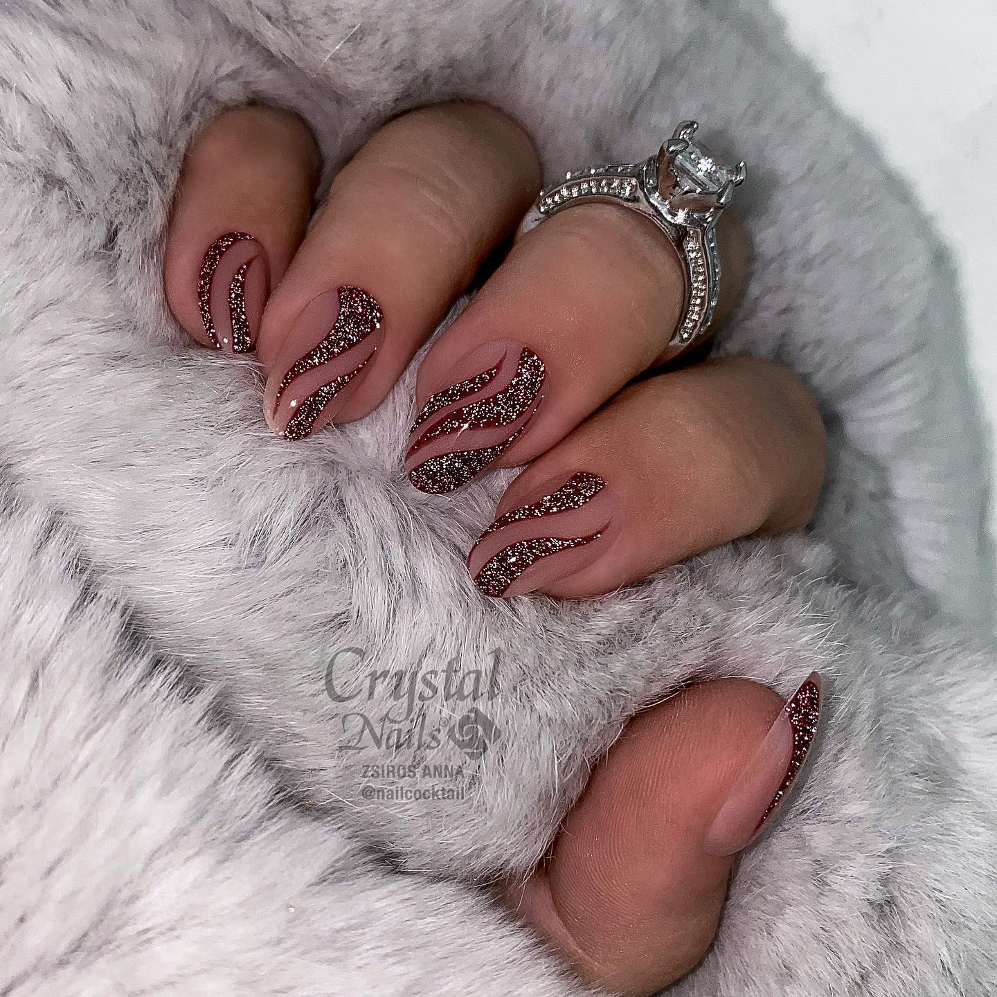 Short Round Nails with Burgundy Swirls and Silver Sparkles