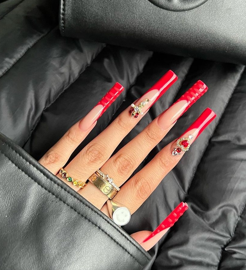 Long Square acrylic Nails with Red Tips