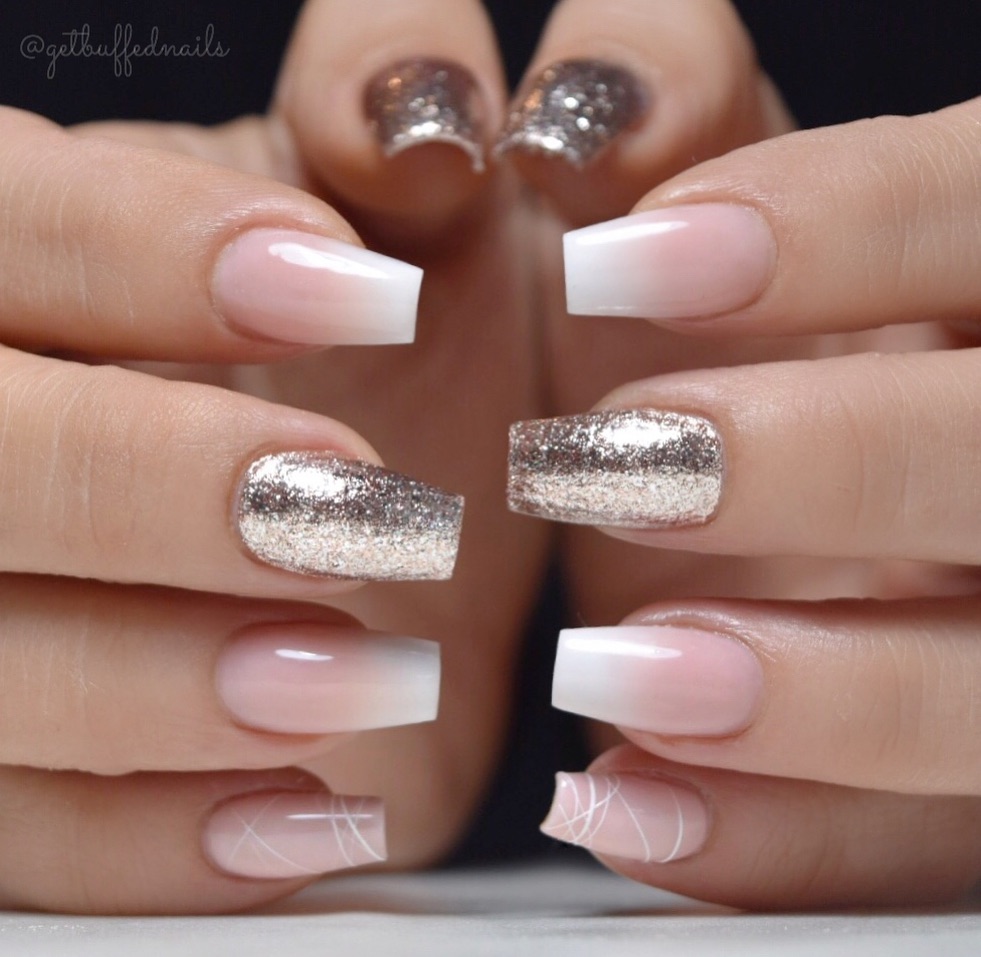 Nude to White French Ombre with glitter