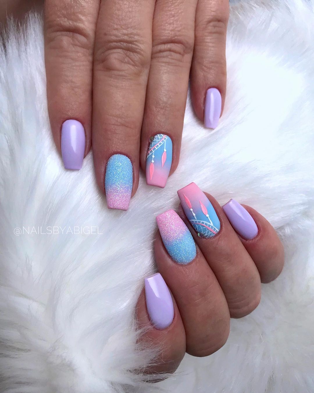 Short Purple Coffin nails with Bright Pink Design