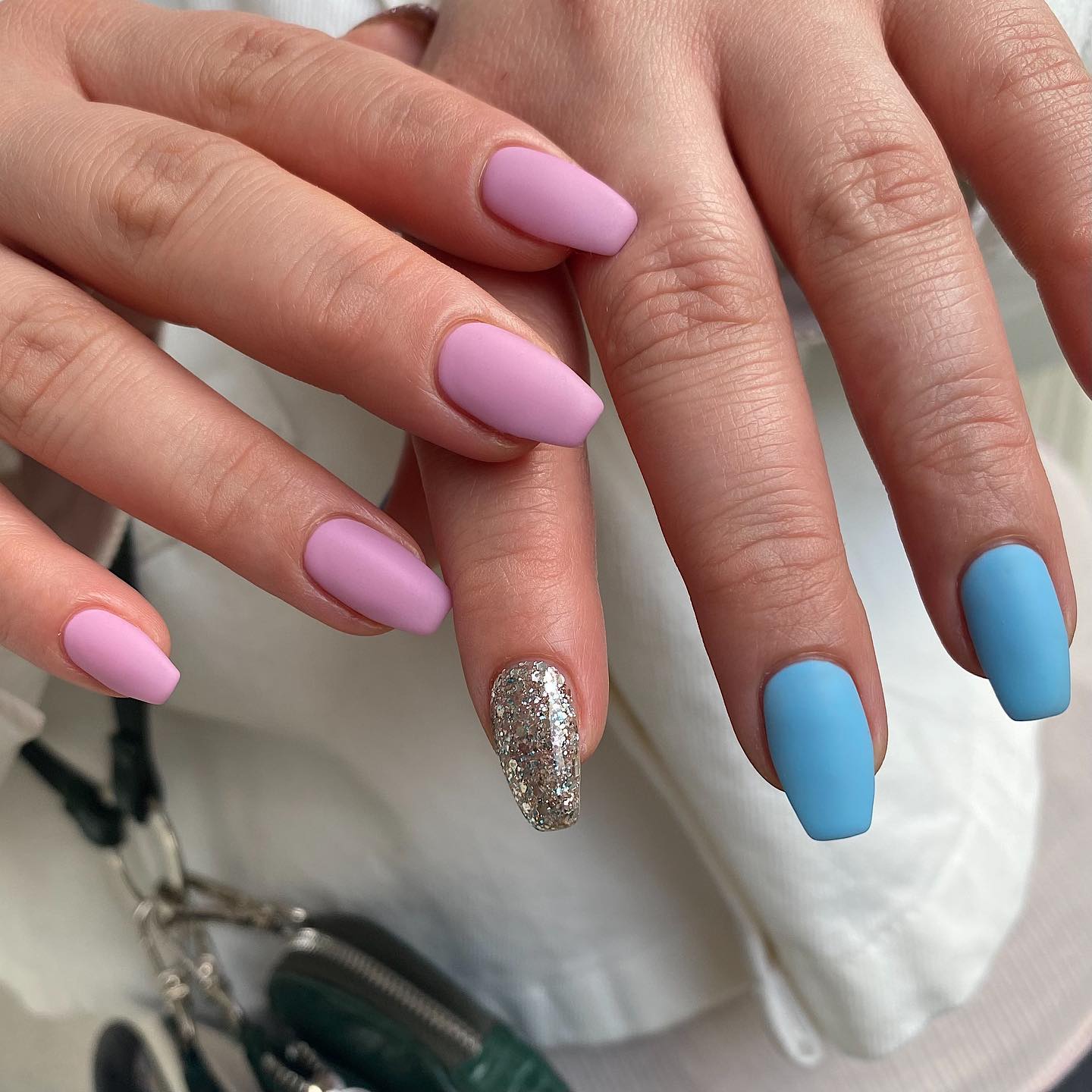 Short Matte Coffin Nails with Silver Glitter