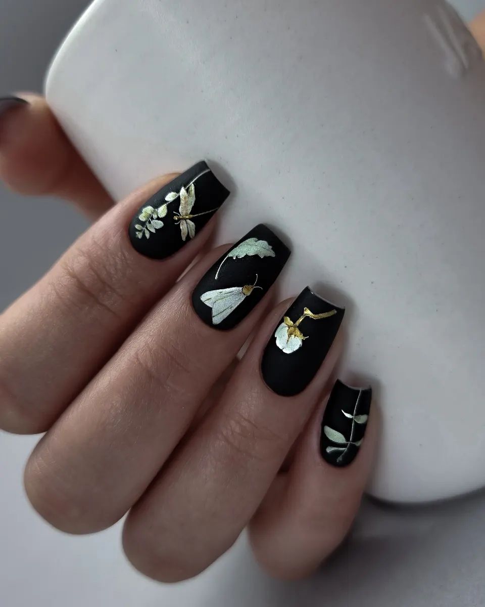 Short Matte Black Coffin Nails with White flowers and Insects