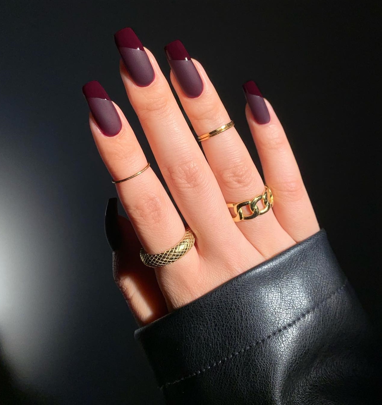 long Round Matte Burgundy nails with Glossy Tips