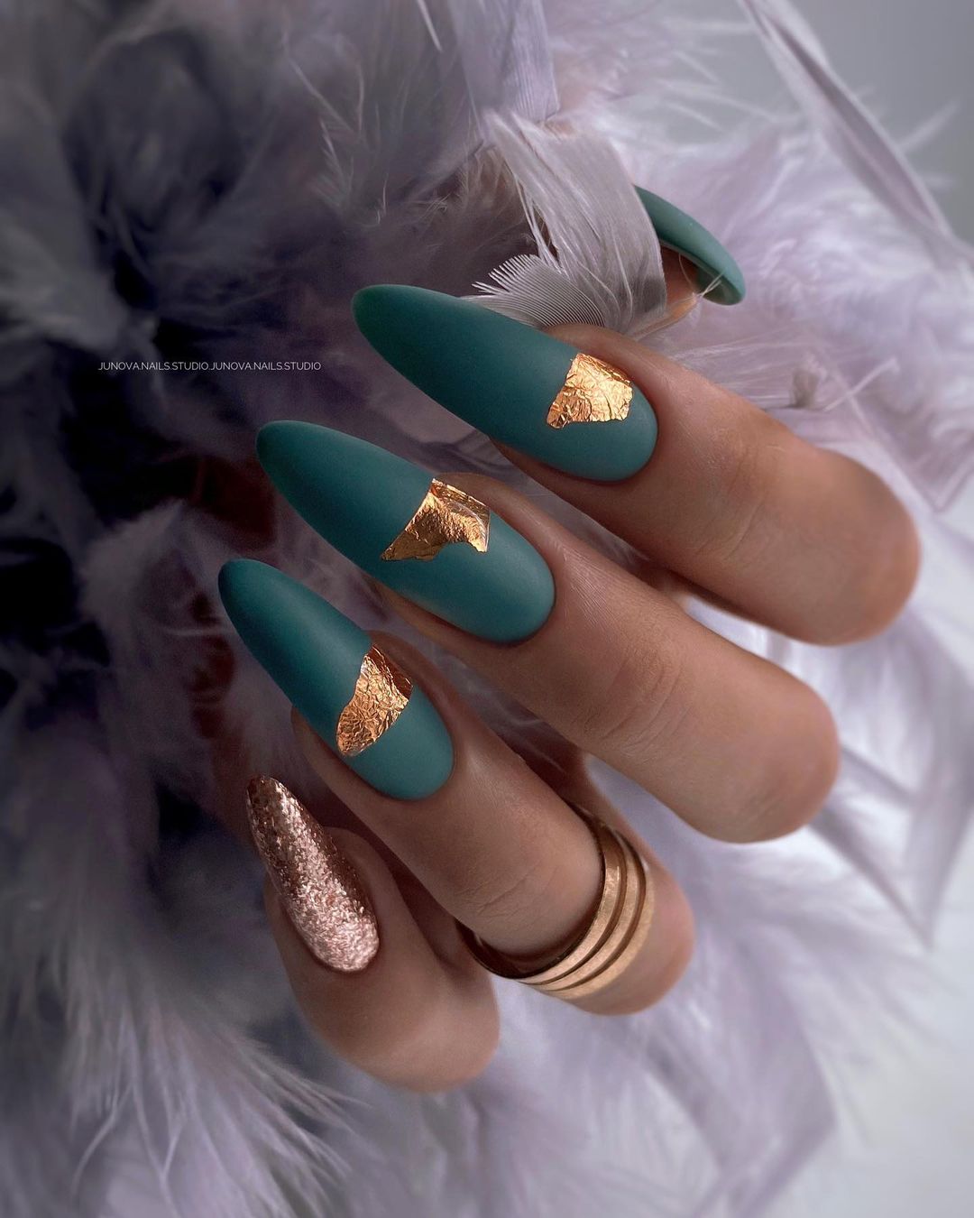 Dark Green Matte Nails with Gold Foil design