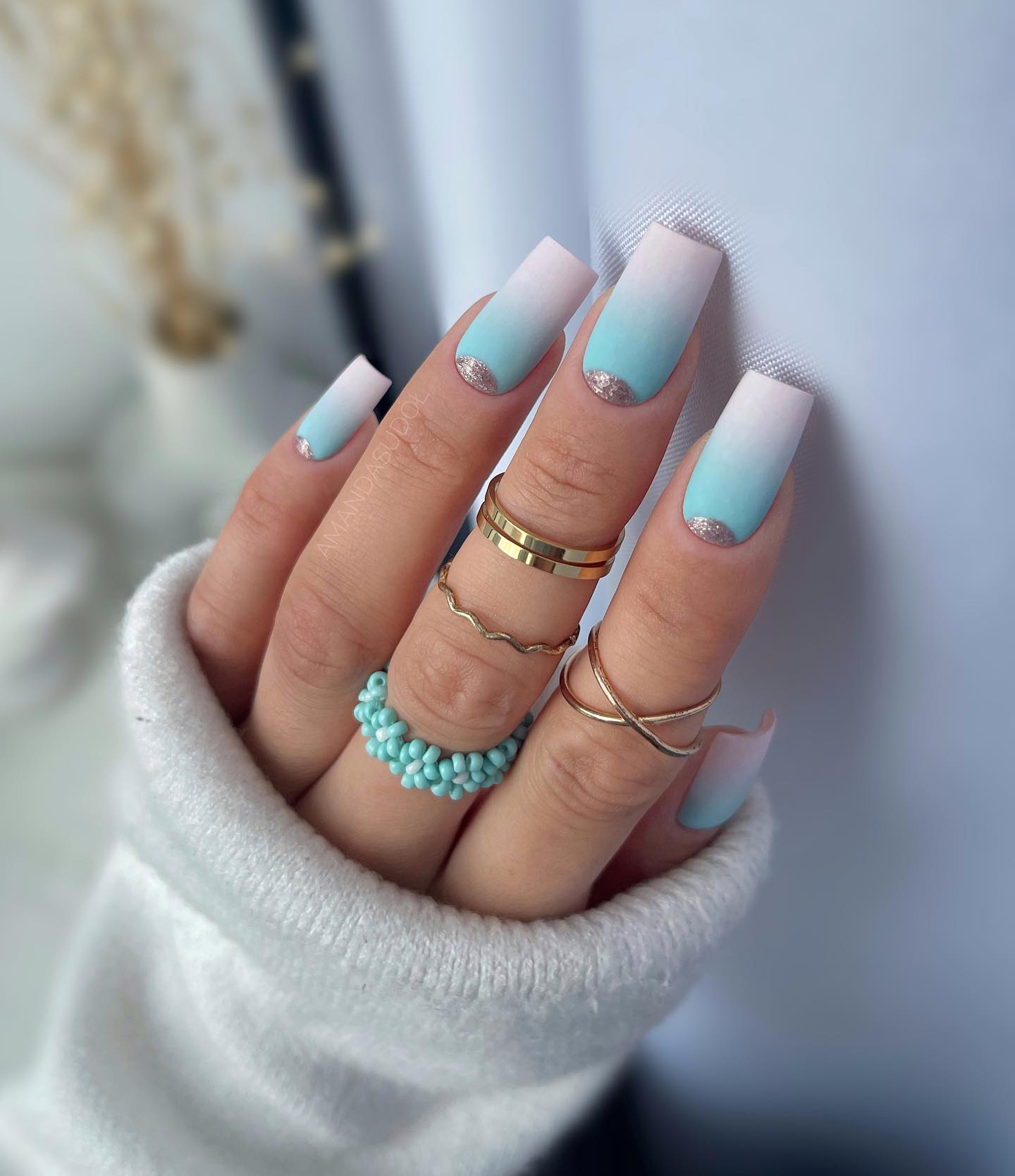 Long Square Pastel Blue Matte Nails with Half Moon Design