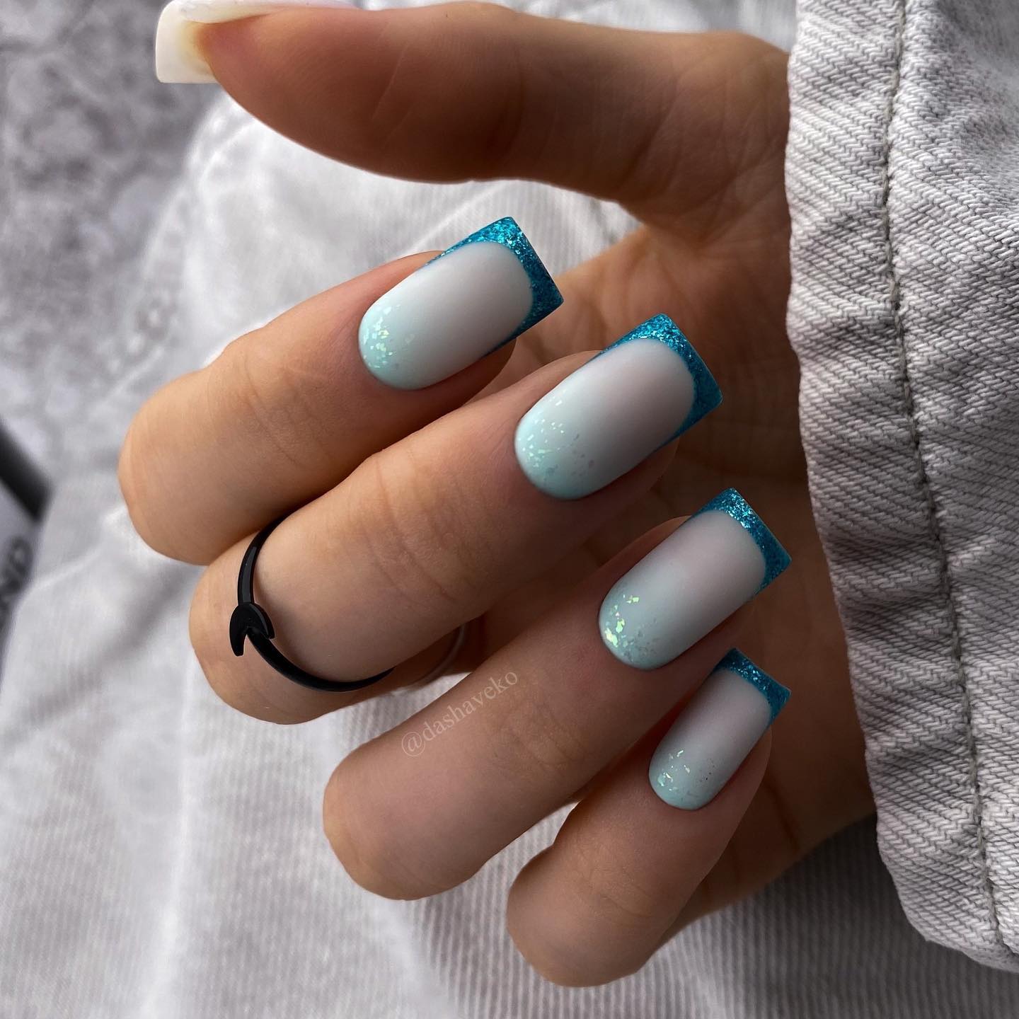 Square French Tip Nails with Glitter and Matte Finish