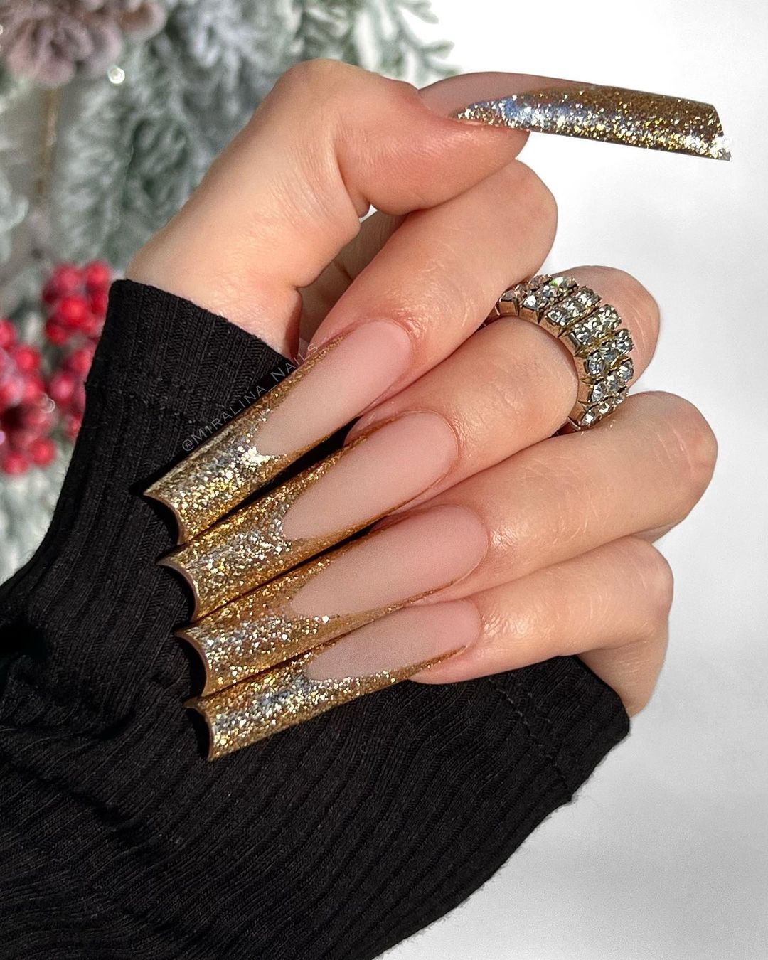 long Square Acrylic Nails with Gold Glitter Tips