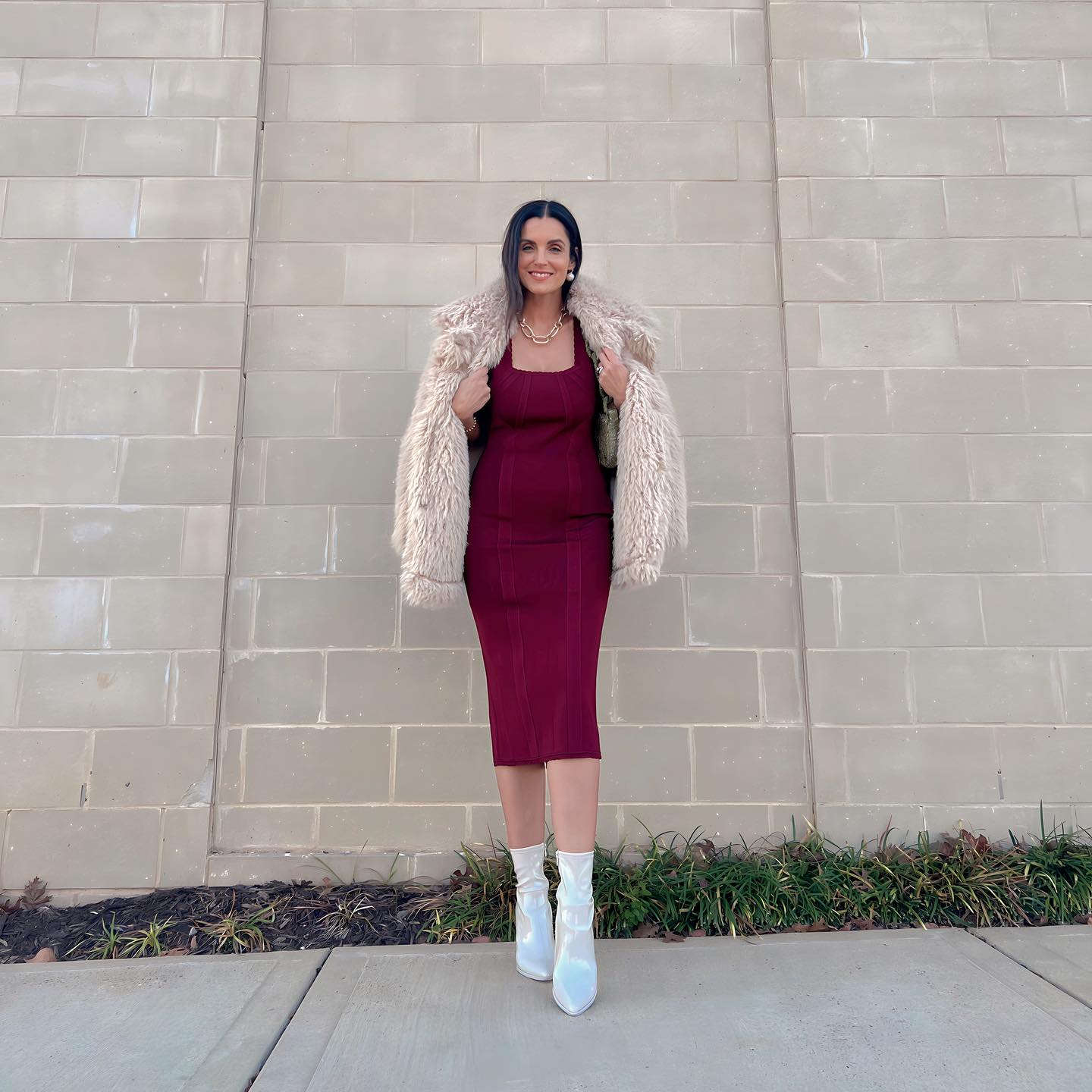 Burgundy Body Con Dress With Fur Faux