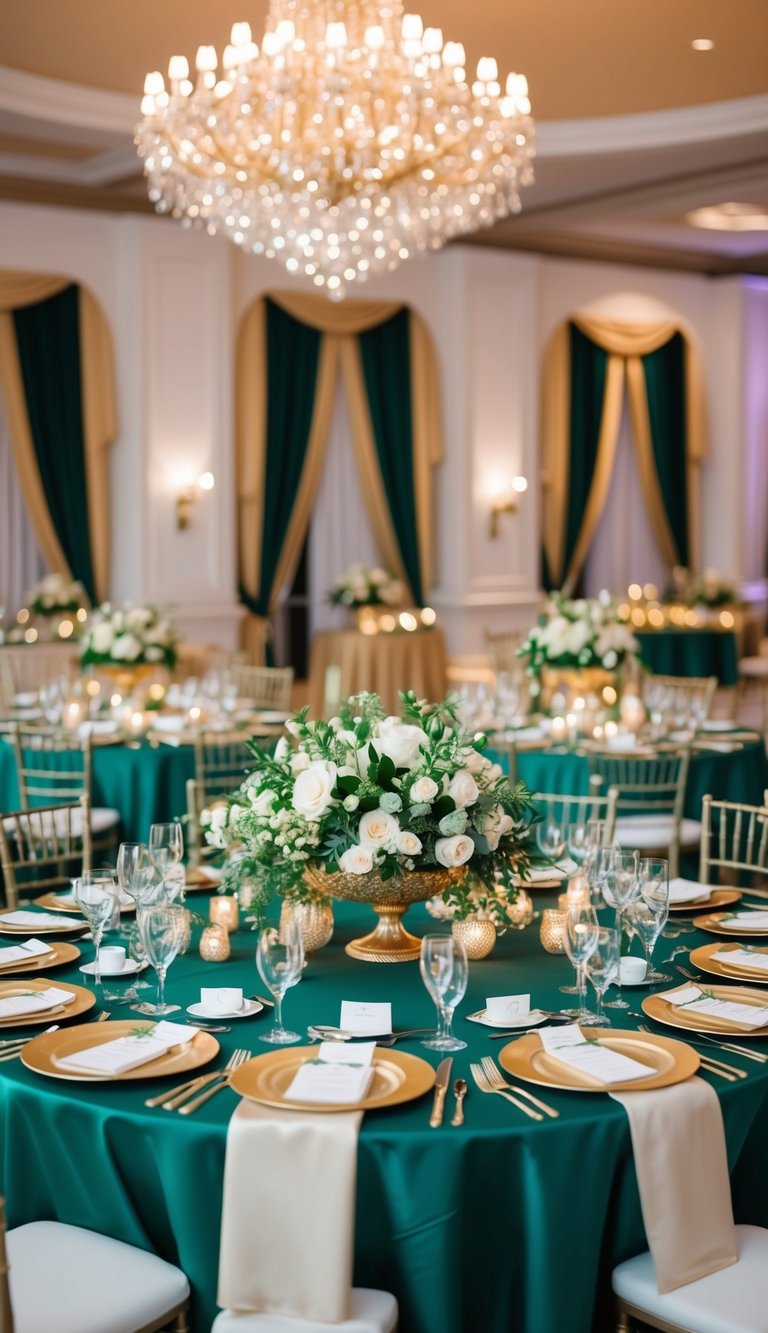 An opulent emerald green and gold wedding reception table with lavish floral centerpieces and elegant place settings