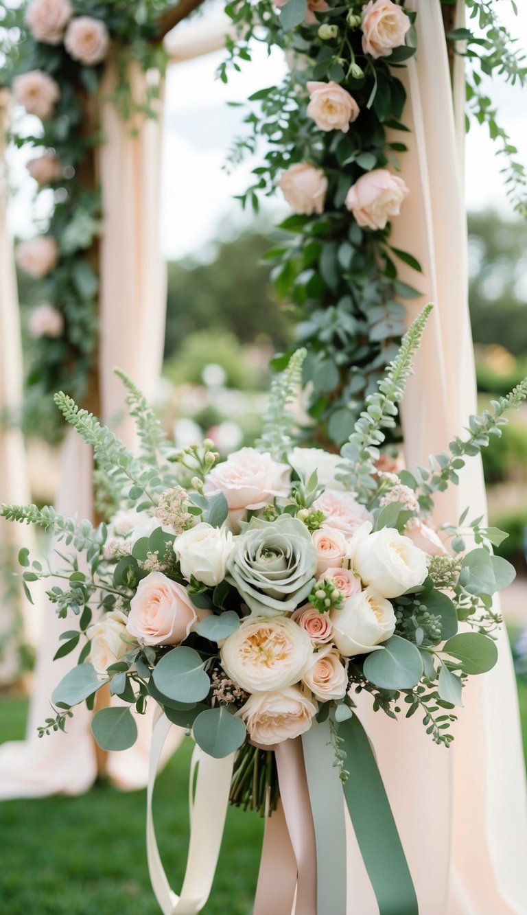 A serene garden wedding with soft sage and blush pink flowers, ribbons, and decor adorning the venue