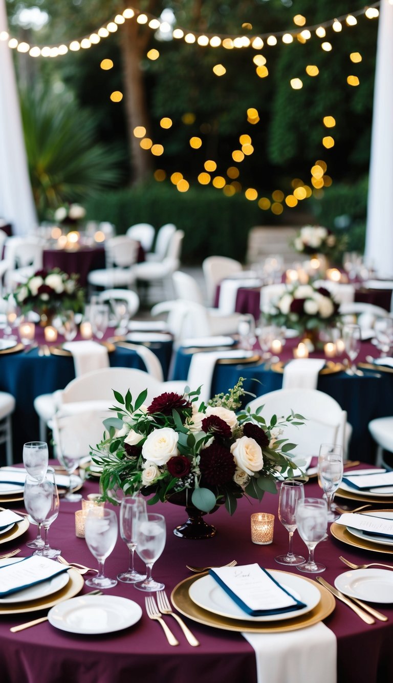 A navy and burgundy wedding table adorned with floral centerpieces and elegant place settings, set against a backdrop of twinkling lights and lush greenery