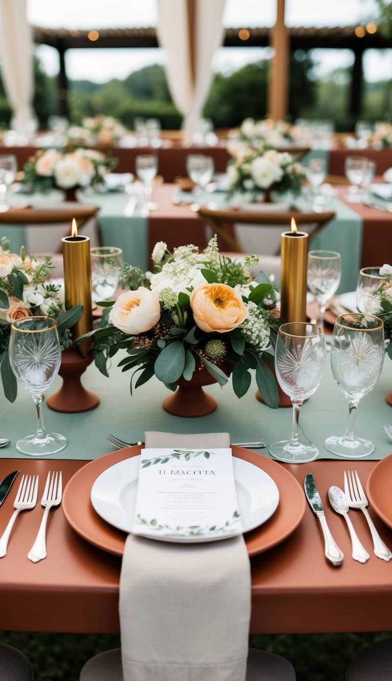 A terracotta and sage wedding table setting with floral centerpieces and elegant place settings