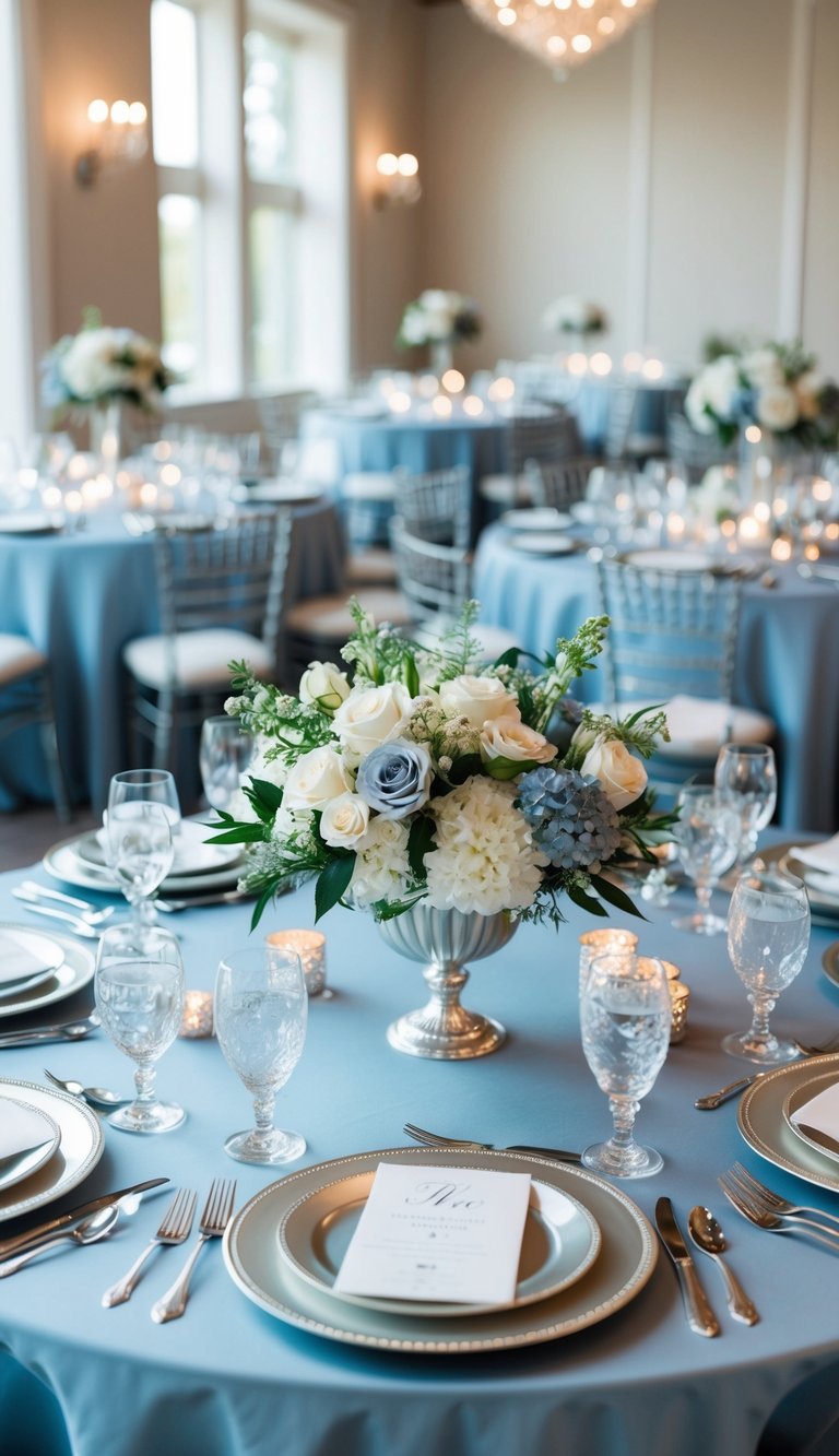 A dusty blue and silver wedding table adorned with elegant floral centerpieces and shimmering tableware