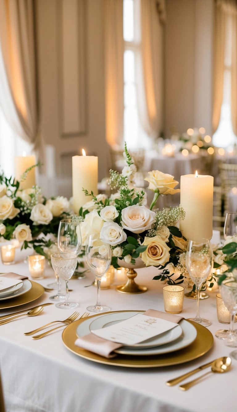 A luxurious wedding table adorned with champagne and ivory floral arrangements, elegant tableware, and soft candlelight