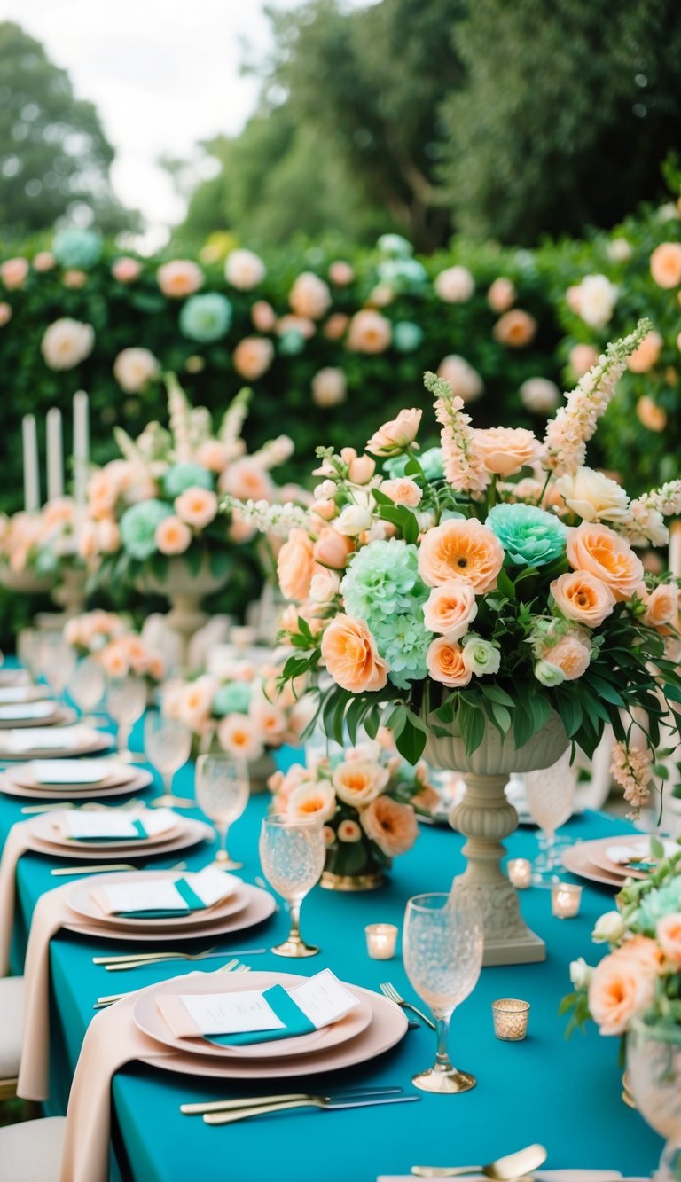 A lush garden adorned with peach and teal flowers, with elegant table settings and decor in the same color scheme