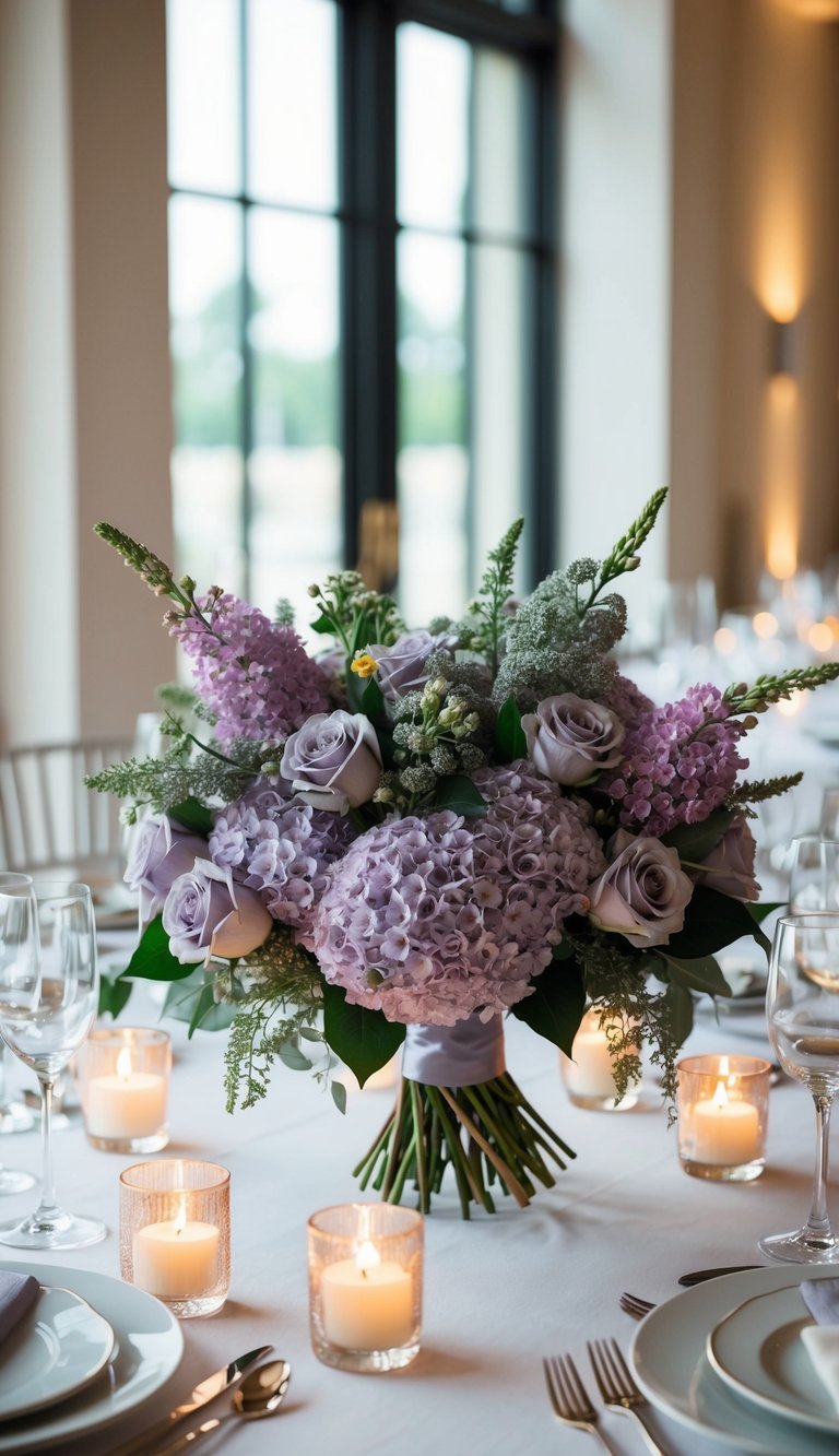 A bouquet of lilac and grey flowers adorns a wedding table, surrounded by elegant place settings and soft candlelight