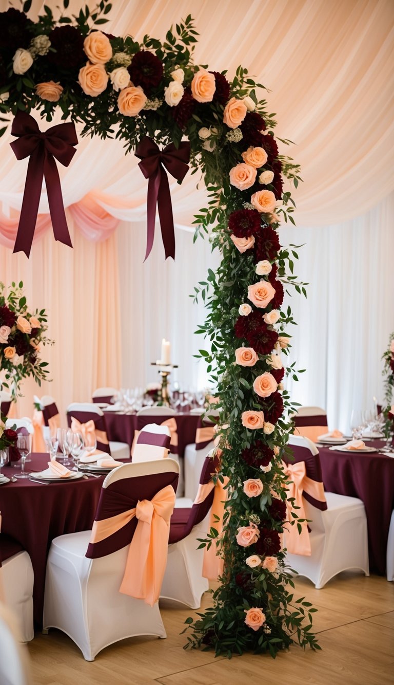 Maroon and peach flowers and ribbons adorn a wedding arch. Tables are set with maroon and peach linens and centerpieces