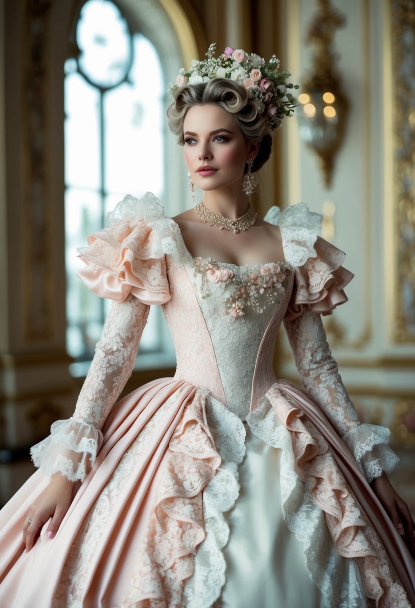 A lavish Rococo bridal gown with intricate lace, ruffles, and pastel colors, inspired by Marie Antoinette's opulent style