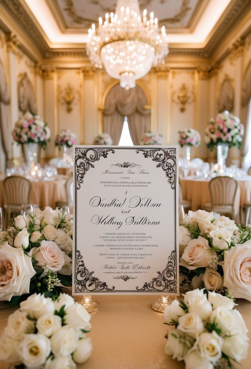 A grand ballroom adorned with ornate Baroque-style wedding invitations, surrounded by opulent Rococo-inspired decor and floral arrangements