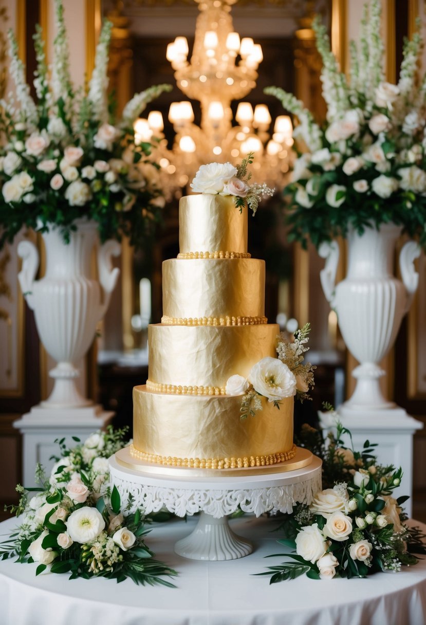 A lavish gold leaf wedding cake surrounded by ornate Rococo decor and intricate floral arrangements