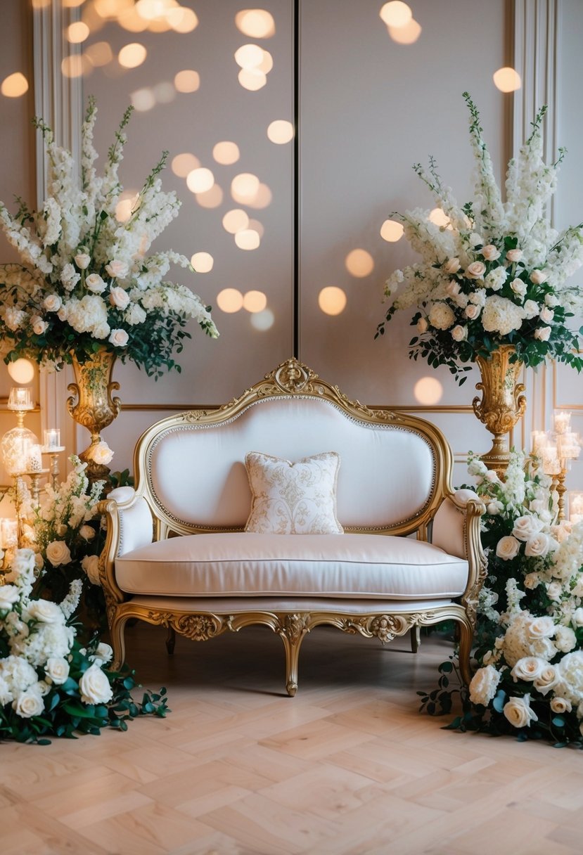 A lavish Louis XV loveseat surrounded by ornate Rococo wedding decor, perfect for photo ops at a glamorous wedding event