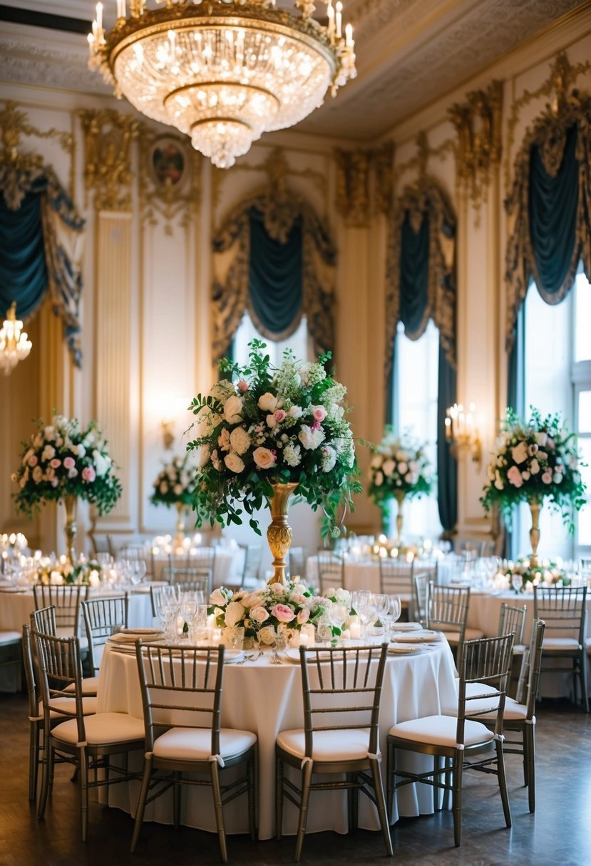 A grand Rococo ballroom filled with ornate floral centerpieces and opulent wedding decor