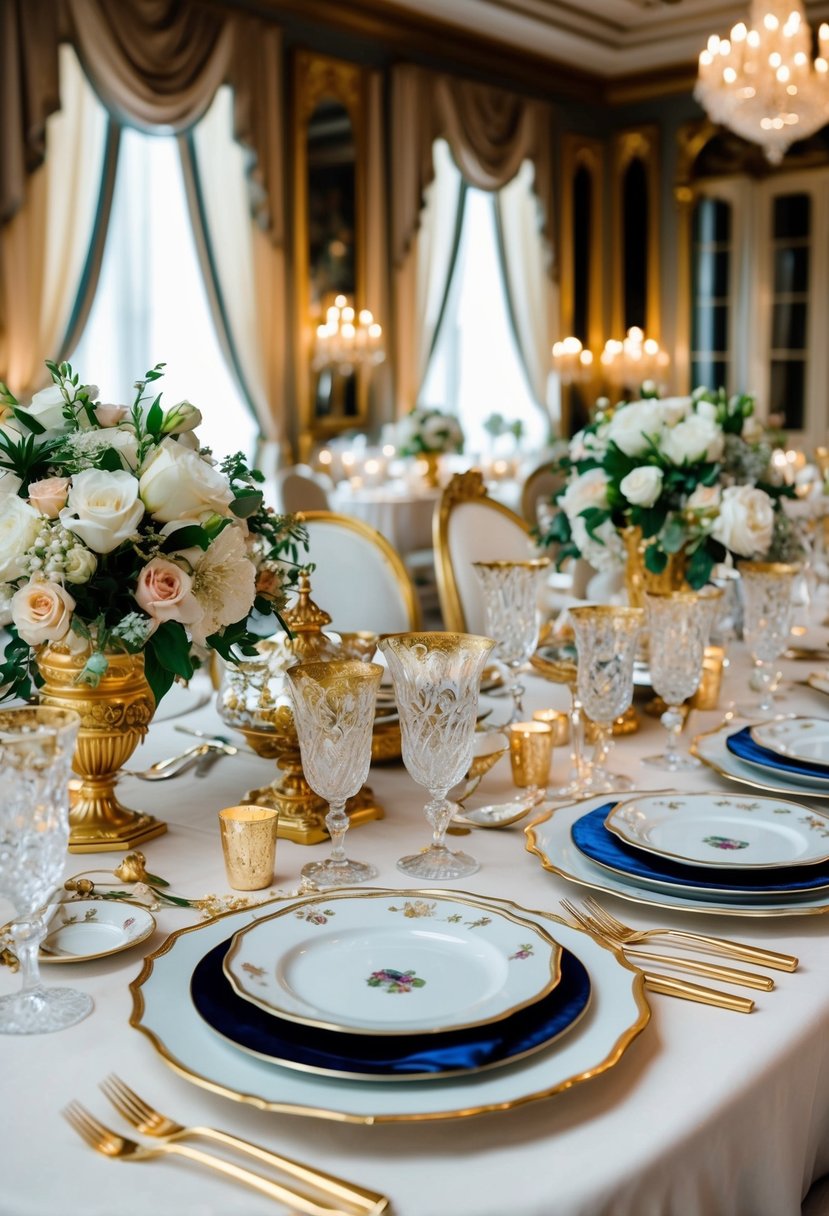 A lavish table set with Chinoiserie-inspired tableware,surrounded by opulent Rococo wedding decor