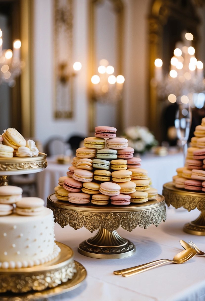 A lavish dessert table adorned with French macarons in a Rococo-inspired wedding setting