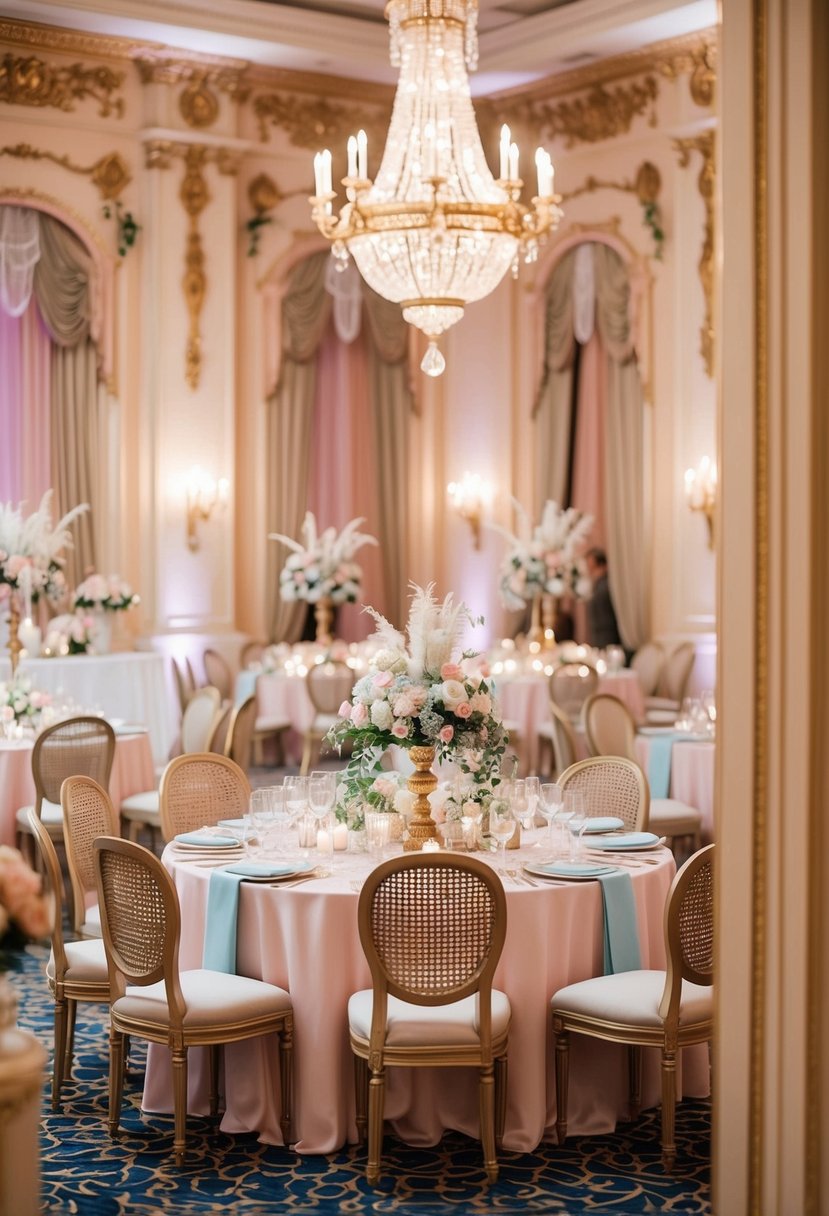 A grand Rococo wedding reception adorned with pastel decorations and unique details