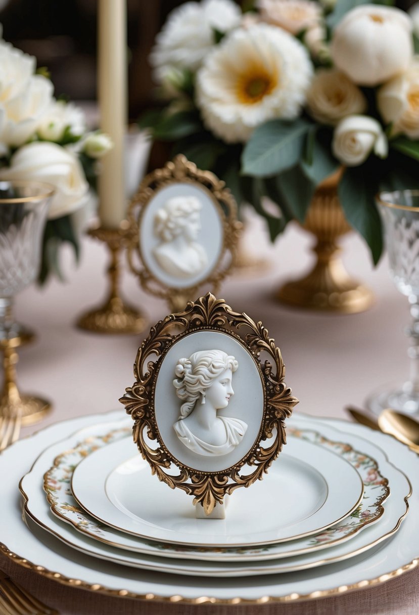 A table set with ornate vintage cameo place cards among Rococo wedding decor