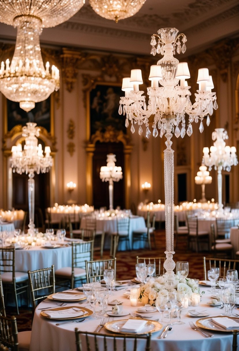 A grand ballroom adorned with crystal candelabras, opulent Rococo decor, and elegant details for a luxurious wedding ambiance