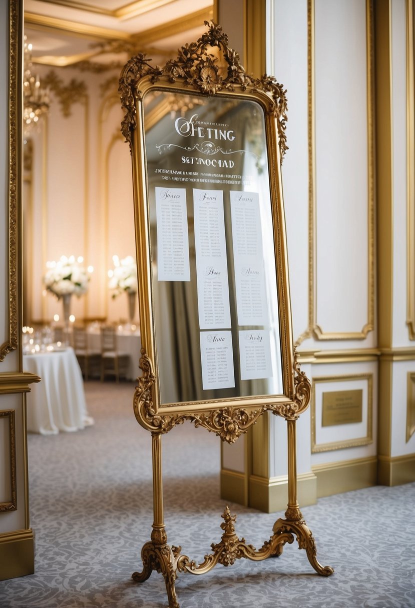 A grand gilded mirror displays a seating chart with ornate Rococo details for a luxurious wedding celebration
