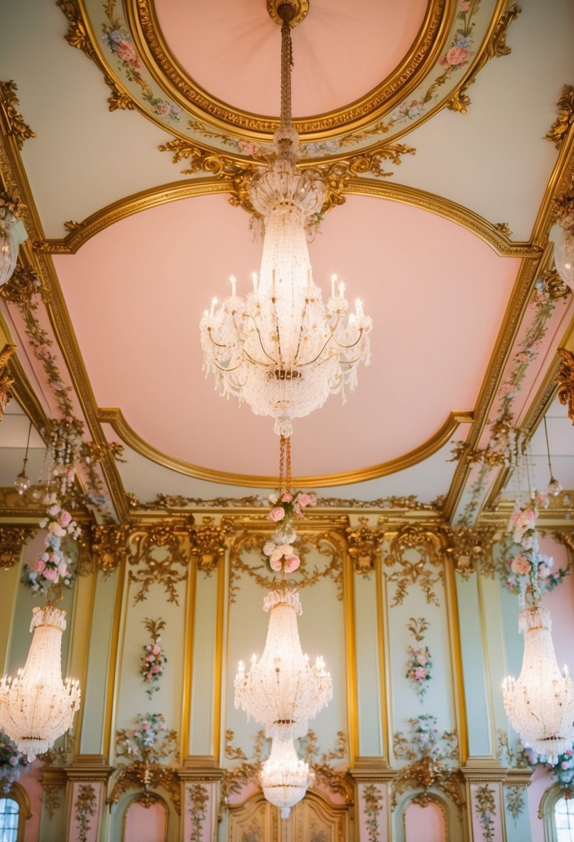 A grand ballroom adorned with ornate gold trim, pastel hues, and intricate floral motifs. Chandeliers hang from the ceiling, casting a warm glow over the opulent Rococo-inspired decor