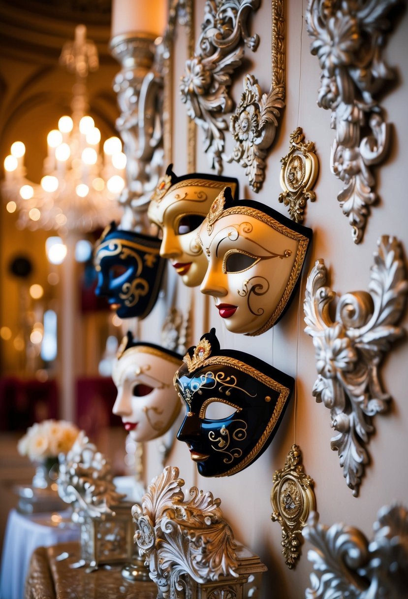 exquisite Venetian masks displayed amongst ornate Rococo wedding decor